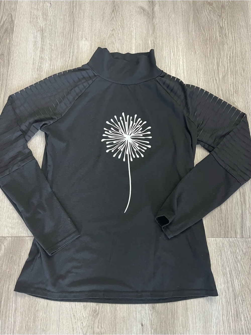 388–Black Long-Sleeve Mock Neck Top with White Floral Graphic